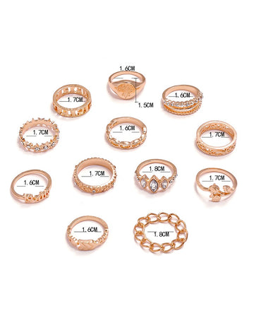 12PCS/Set Rhinestone Decor Geo Star Floral Pattern Ring